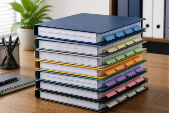 Stack of binders with colored tabs neatly organized on office desk