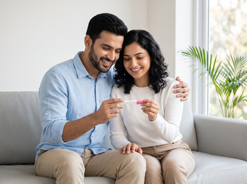 Young Indian couple embracing on a modern sofa while holding a generic home pregnancy test celebrating pregnancy family planning parenthood and a hopeful new beginning