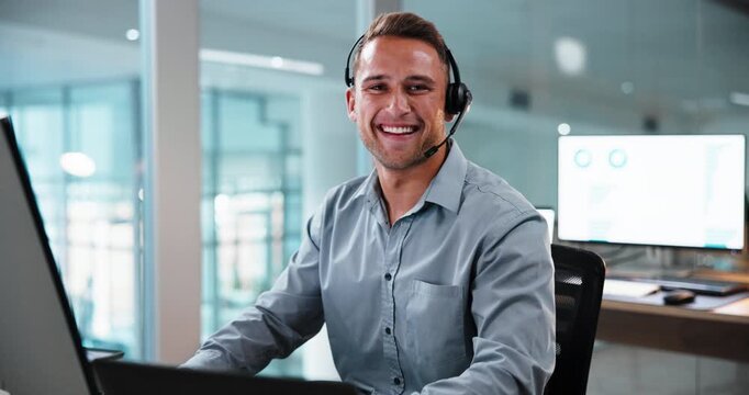 Headset, man and face of call center agent in office with crm, help desk or voip system for advisory. Happy, portrait and technical support consultant with mic for customer service or contact us.