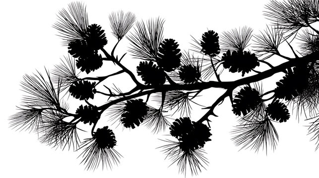Silhouette of a pine tree branch with pinecones and needles against a white background