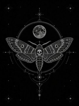 Death head moth illustration with skull pattern and full moon in geometric frame. Esoteric occult tattoo design style.