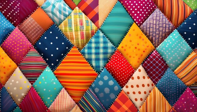 colorful patchwork quilt pattern featuring diamond shaped fabric patches with various textures polka dots stripes and checkered designs in bright vibrant colors