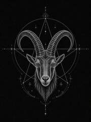 Goat head line art illustration with sacred geometry elements. Minimalist animal design on black background.