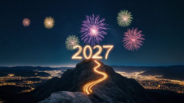 New year 2027 fireworks over city skyline night sky celebration