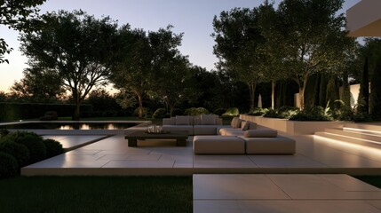 Fototapeta premium Modern luxury outdoor lounge area with swimming pool at twilight. Perfect for high-end home architecture and lifestyle design concepts.