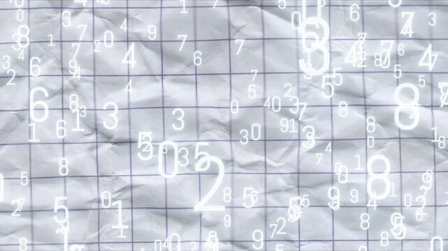 White Floating Numbers Overlay on Crumpled Grid Paper Abstract Background