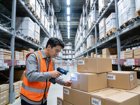 Male warehouse worker in orange safety vest scans barcode on cardboard boxes stacked in a large storage facility with shelves filled with products in the background