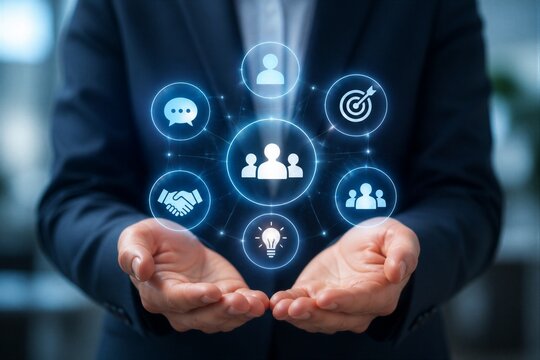 Business hands presenting digital team network in office setting