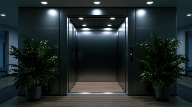 A modern elevator with open metallic doors sits between two indoor plants in a dimly lit office lobby. It represents business architecture and corporate travel.