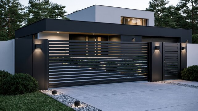 A modern luxury home exterior with a sleek black horizontal slat gate at dusk. Ideal for residential architecture and real estate design projects.