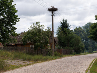 gniazdo bocianów na słupie energetycznym,wieś na Podlasiu © Arek mały