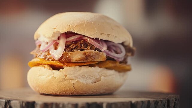 Traditional Peruvian Pan con Chicharron Pork Sandwich with Sweet Potato