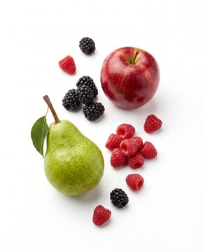 Fresh Pear, Apple and Berries on White Background
