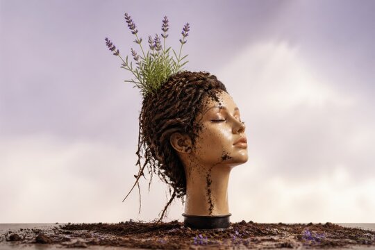 Earth portrait of a serene female bust with lavender growing from soil