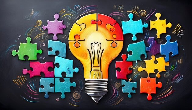 puzzle pieces add up to bright idea on chalkboard