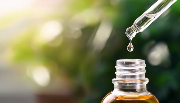 skincare serum drop falling from pipette on glass bottle with copy space