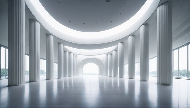 white architectural space with circular forms and modern concrete materials a vast empty hall featuring towering columns and a soft glowing white ambiance minimalist and futuristic interior design