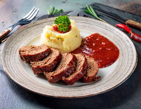 delicious sliced meatloaf with tomato glaze and creamy mashed potatoes