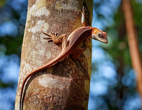rare oplurus cuvieri lizard climbing tree trunk in madagascar