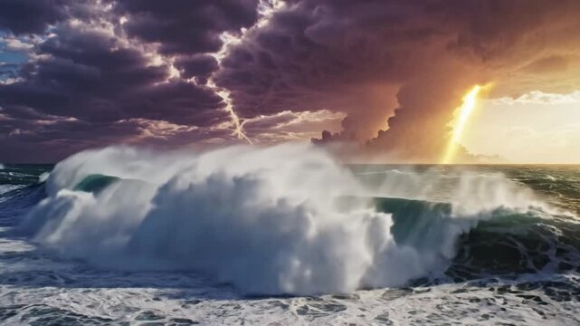 Epic ocean wave crashing under a dramatic stormy sky with lightning and sunlight beams, nature's raw power.