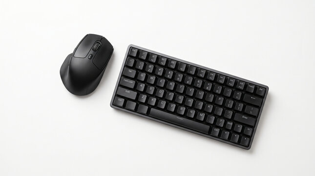 Modern black wireless mechanical keyboard and ergonomic computer mouse isolated on a white background.
