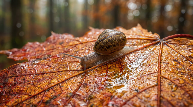 close up shot of a snail crawling on wet autumn foliage with soft forest bokeh background