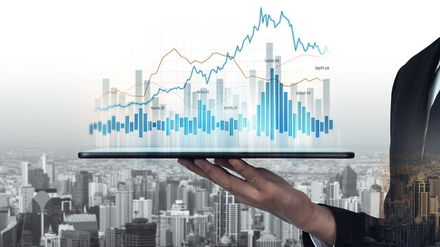 A businessman presents financial analytics on a tablet, showcasing stock market data and graphs against a modern urban skyline, symbolizing investment opportunities. Scalp