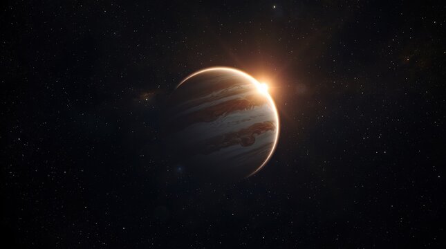 Vast cosmic view of Jupiters planet with sunlit atmosphere and swirling clouds against the backdrop of stars