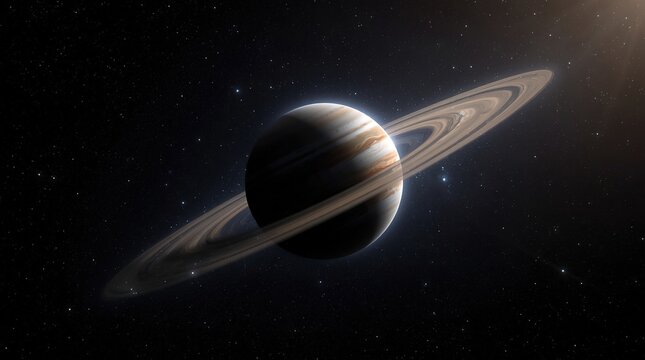 Vast cosmic view of Jupiter with its iconic rings and swirling atmospheric bands against a star-filled night sky