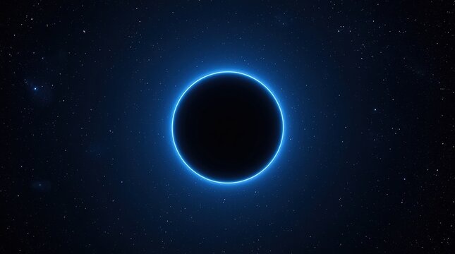 A celestial eclipse with a glowing blue ring against the starry night sky