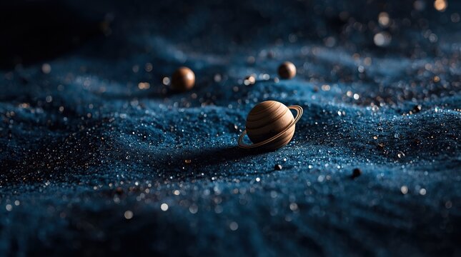 Celestial miniature model of Saturn and rings on textured cosmic surface with glowing stars