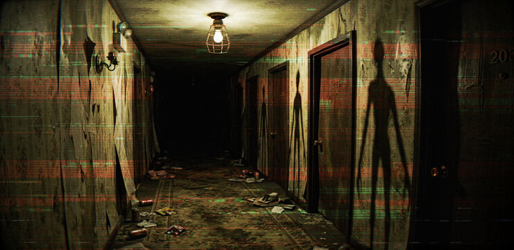 Abandoned Motel Hallway Background - Creepy Tall Shadow Figure Horror Corridor