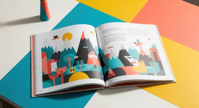 Whimsical Illustrated Children's Book Open On Colorful Table Surface