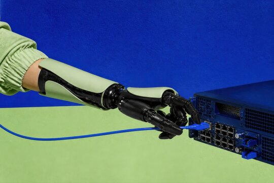 Cybernetic hand connects to server network on blue and green background