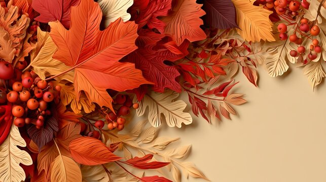 Fall leaves, like maple and oak, with berries are shown in a layered, carved paper art style. This design works for business materials, posters, or flyers.