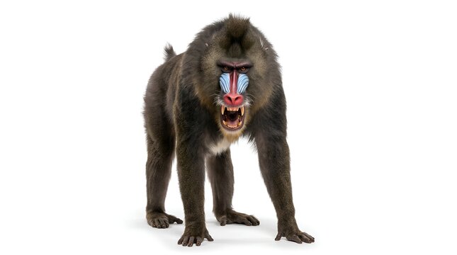 Aggressive mandrill baboon with colorful face standing on white background.