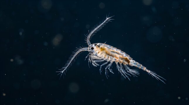 Close-up microscopic view of a marine copepod crustacean swimming in deep water.