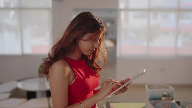 Close side profile of a female design student in red top writing with a stylus on a tablet inside a bright architecture studio