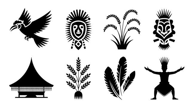 Tribal totem symbols and cultural icons set. Black silhouette vector art of spiritual masks, birds, and nature motifs for design projects.