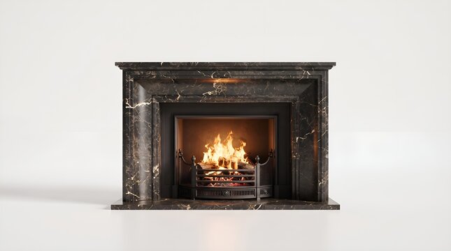 Elegant Black Marble Fireplace with Warm Glowing Fireplace Flames.