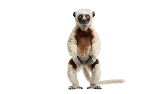Full length portrait of a Coquerel sifaka lemur standing on white background.