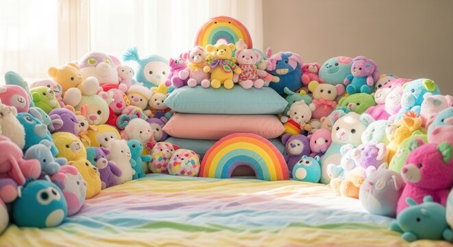 Vibrant Collection Of Stuffed Toys On A Rainbow Background