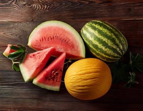 fresh watermelons and melons on the wooden table
