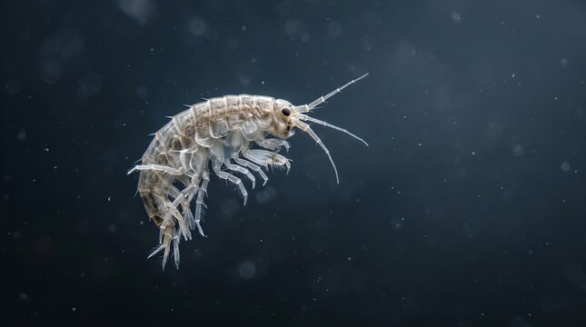 Macro photograph of a small amphipod crustacean swimming in deep dark water.