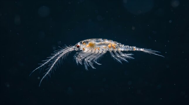 Macro photograph of a tiny translucent marine copepod swimming in dark ocean water.