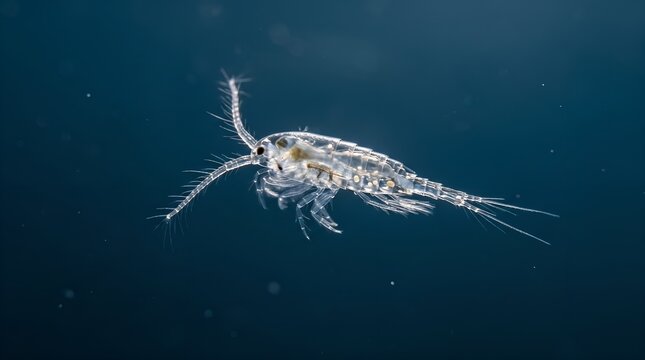 Macro photograph of a tiny translucent marine copepod swimming in deep blue ocean water.