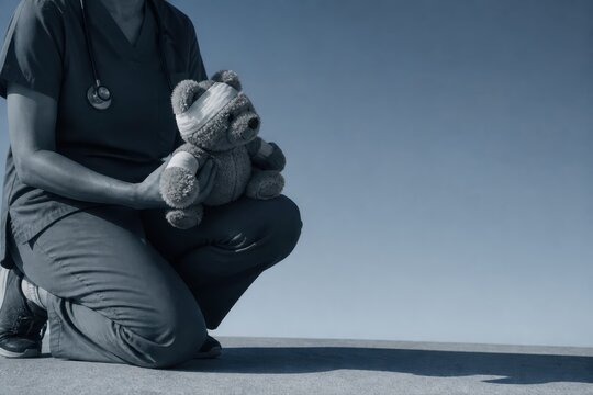 Pediatric care nurse comforting a bandaged teddy bear with generous copy space