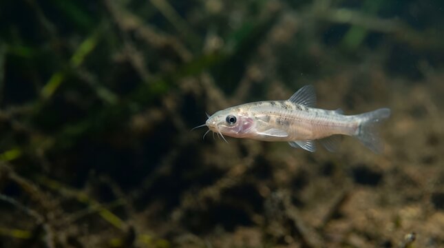 A small Corydoras catfish swimming in a dark aquarium.