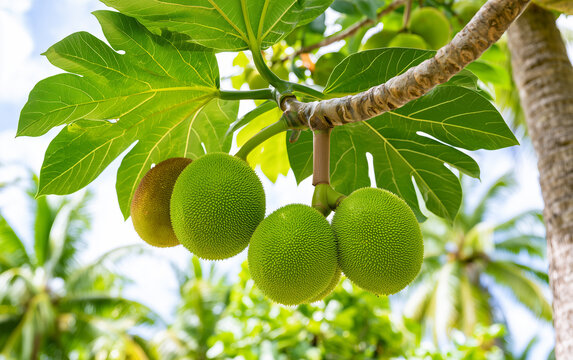 Breadfruit tree branches show green and ripe spiky fruits. Lush foliage surrounds the tropical plant outdoors. Healthy organic harvest grows on tree.