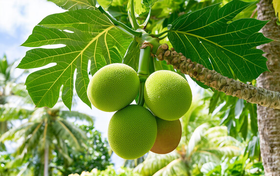 Breadfruit tree branches show green and ripe spiky fruits. Lush foliage surrounds the tropical plant outdoors. Healthy organic harvest grows on tree.